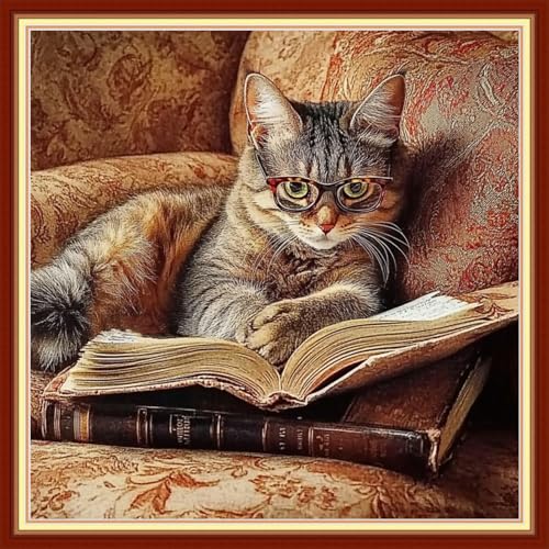Image of Fanxvivy Stamped Cross Stitch Kits for Beginners Full Range of Cross Stitching Preprinted Embroidery Kits for Adults, 11CT Embroidery Pattern Needlepoint Kits-A cat Reading with Glasses 18x18 inch