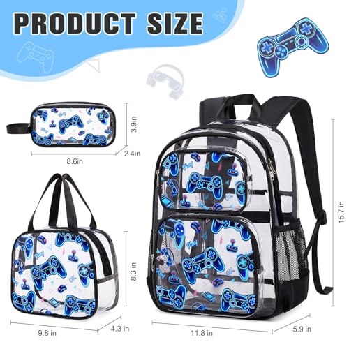Bevalsa Clear Gaming Backpack for Boys Girls Kids, Transparent Backpack with Lunch Bag & Pen Case for Toddler Kindergarten Elementary School, Heavy Duty See Through Bookbag Stadium Approved (Blue)2