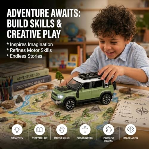 Image of DREAMY DEN 1:32 Scale Die Cast Metal Defender Style SUV Toy Car with Lights & Sound, Pull Back Action, Openable Doors & Bonnet, Realistic Collectible Model for Kids & Adults