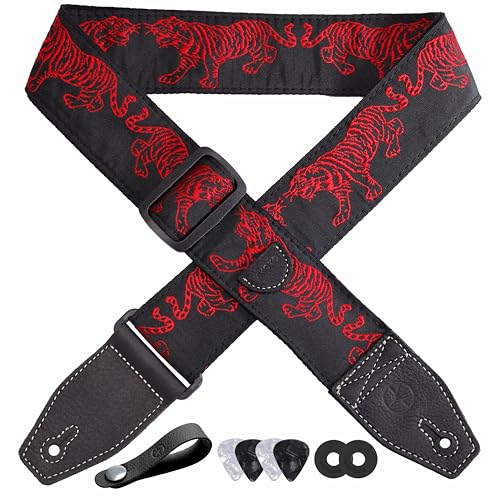 YIKOKO Guitar Strap 2 inch Embroidery Cotton Guitar Straps with Full Grain Leather End, for Bass, Electric and Acoustic Guitars, Free Button, Locks and Picks-Red Tiger