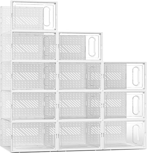 Large Shoe Storage Box with Magnetic Door 12 Pack Clear Plastic Stackable Sneaker Organizer for Closet Set of 12 Stackable Clamshell Shoeboxes for Closet Organization and Display (white-c)