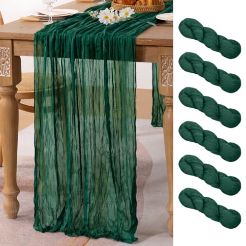 Image of MLMC 6 Pack Emerald Green Table Runner Boho Dark Green Cheesecloth Table Runner 10ft Sheer Gauze Cheese Cloth Decorations for St. Patrick's Day Wedding Bridal Shower Home Party Decor