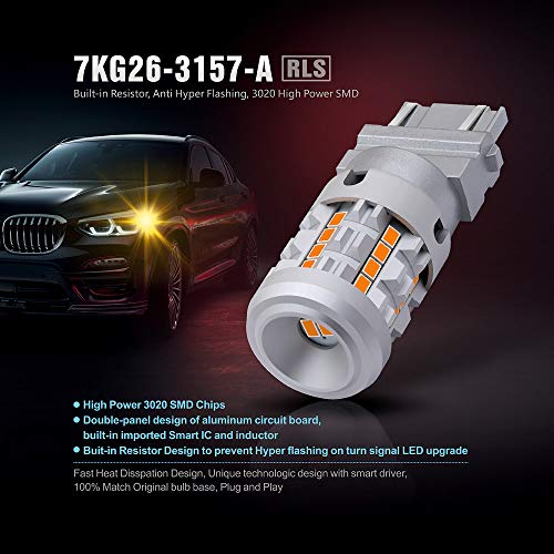 SIRIUSLED RLS 3157 4157 Built In Resistor Canbus Anti Hyper Flashing LED Turn Signal Light Bulb with Full Aluminum Body Dual Filament Smart Driver Amber Orange Color Pack of 2