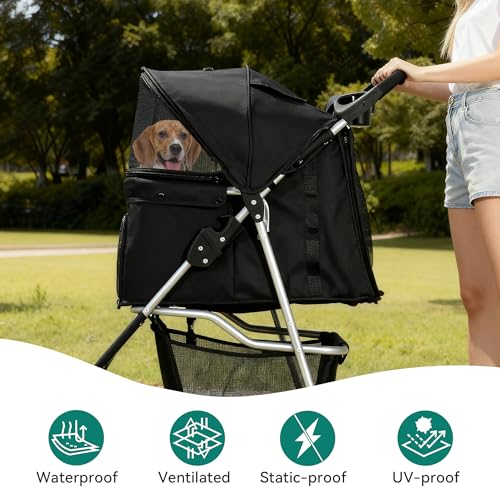 YITAHOME 15 kg Faltbarer Hundewagen, Katzenbuggy mit 3 Rädern, Netzfenstern, Getränkehalter und Bremsen, geeignet für Haustiere unter mittlerer Größe Schwarz