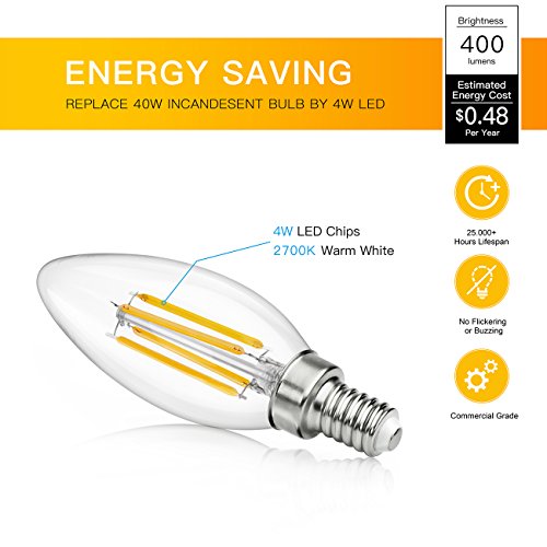 SHINE HAI Candelabra LED Filament Bulbs 40W Equivalent, 2700K Warm White Chandelier B11 LED Bulb E12 Base Non-dimmable Decorative Candle Light Bulb, Pack of 6 - Thumbnail 4