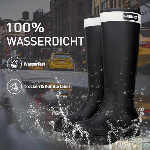 Yenxapei Gummistiefel Damen, Hoch Regenstiefel Langschaft Boots Wasserdicht Rutschfest Gummischuhe, Halbhoch Gummistiefeletten Bequem Langlebig Stiefel, Schwarz, 39