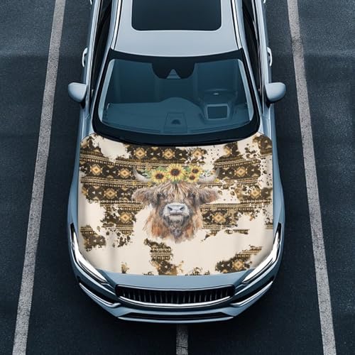 Image of 3.3x5 Ft Sunflower Cow Print Car Hood Cover Polyester Stretch Fabric Car Hood Covers Universal Auto Accessories Suitable Most Automotive Sedans Trucks Pickup SUVs