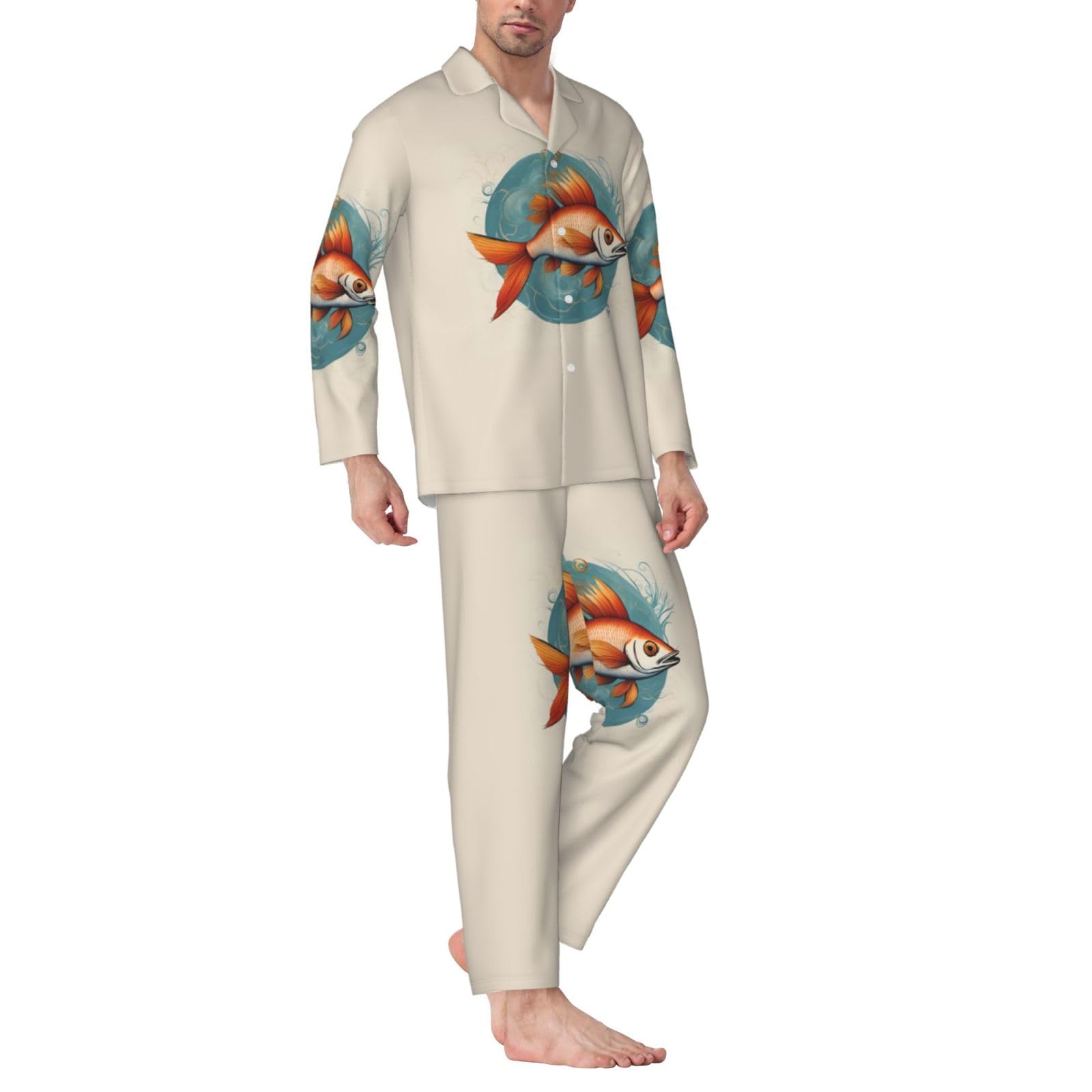 Schönes Herren-Pyjama-Set, langärmelig, Fisch-Druck, zweiteilig, Hauskleidung, bequeme Nachtwäsche
