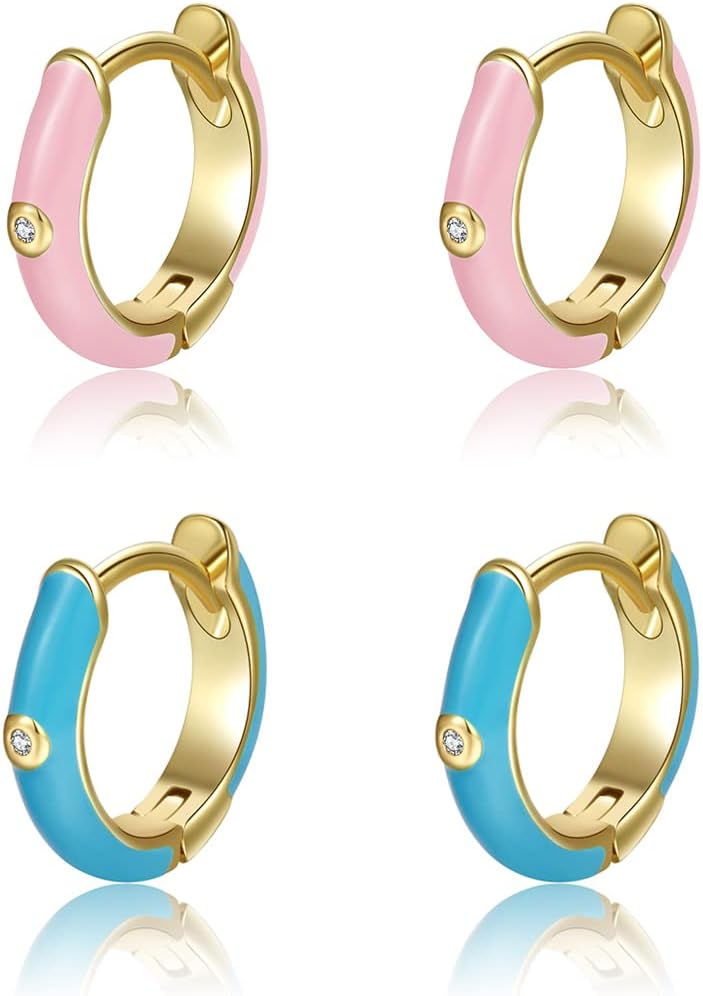 DORAFOEnamel Earrings for Women, 18K Gold Plated Enamel Hoop Earrings Colorful Gold Huggie Hoop Earrings for Women-10mm