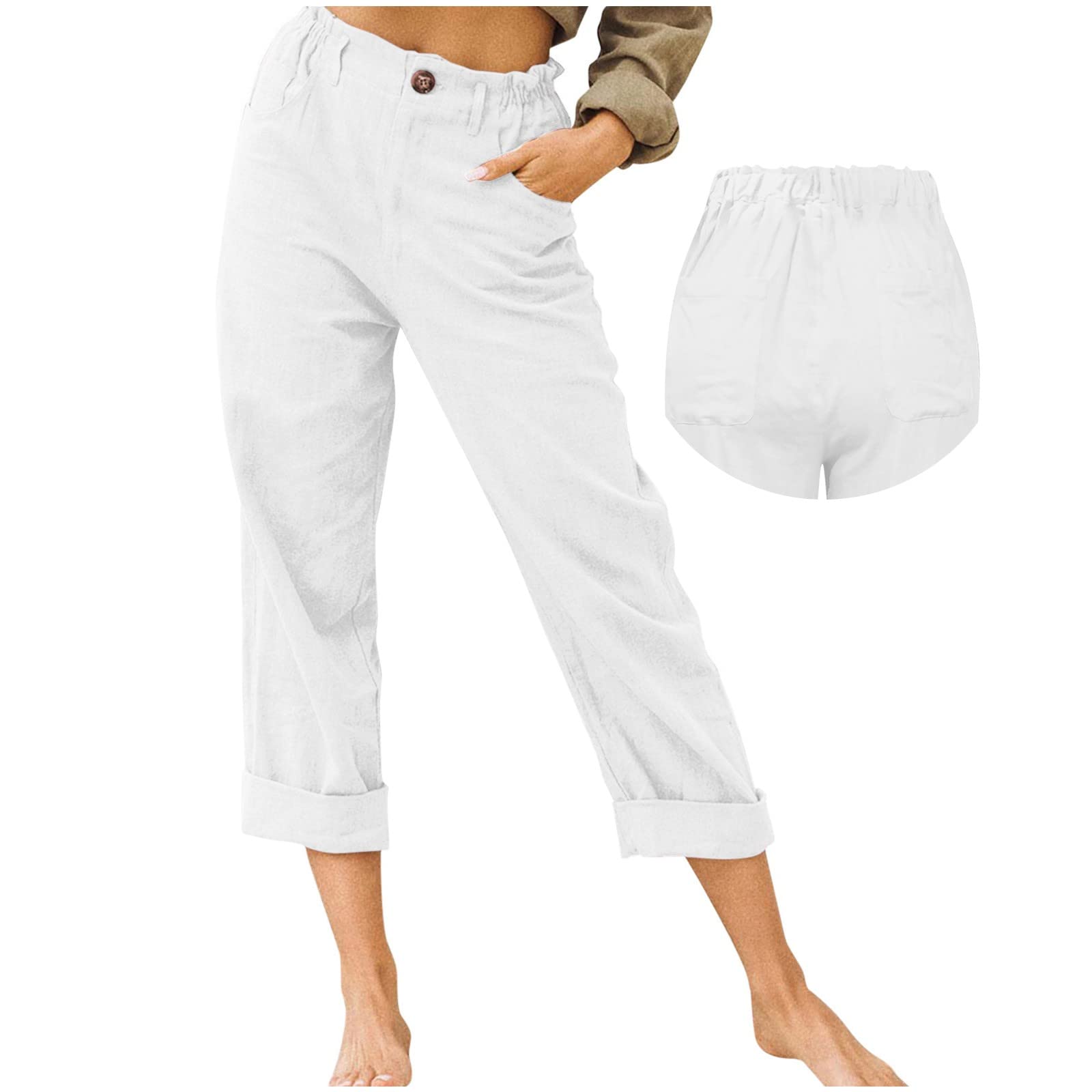 Cotton Linen Pants Women Elastic High Waist Solid Casual Baggy Trousers Straight Leg Comfy Summer Pants with Pockets White M