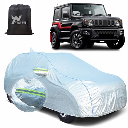Image of Car Body Cover for Maruti Suzuki Jimny, 100% Waterproof, Heat-Resistant with Mirror & Antenna Pockets, Soft Cotton Lining, Triple Stitched, Green Reflector (Reflective Silver)