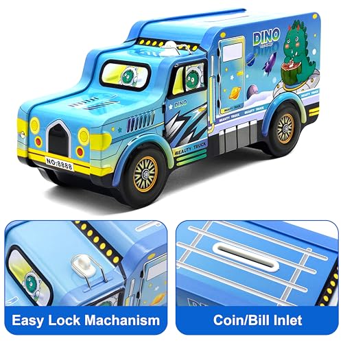 Image of VGRASSP Dinosaur Theme Metal Bus Piggy Bank Toy for Kids - Cute Money Safe with Lock and 2 Keys - Gullak Coin Box Gift for Boys and Girls - Color As Per Stock