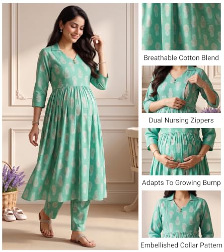 Image of DUMMY SHAPE Maternity Dresses for Women Cotton | Floral Kurta Pant Dupatta Set with Nursing Zippers, Side Pocket | Pre & Post Pregnancy | Feeding Kurti Suit | Baby Shower | Gifts for Pregnant Woman