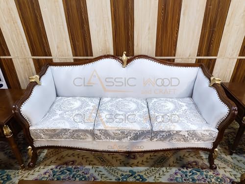 Image of Classic Wood & Craft Italian 7-seater Sofa Set | Teak Wood (3+2+1+1) Sofa Center Table | Victorian Style Hand-carved Wooden Sofa Set | Walnut Finish | Elegant Living Room Sofa Set I Furniture For Home