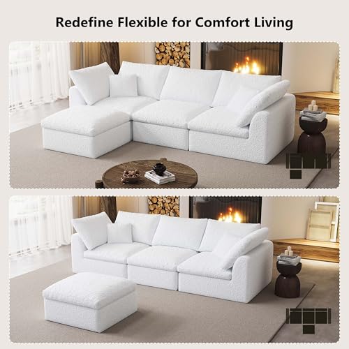 Image of Modular Sectional Sofa Couches L-Shape Couch 3 Seat Modular Sofa Memory Foam Sectional Couches for Living Room (White, 108 inch+3 Seater+1 Ottoman)