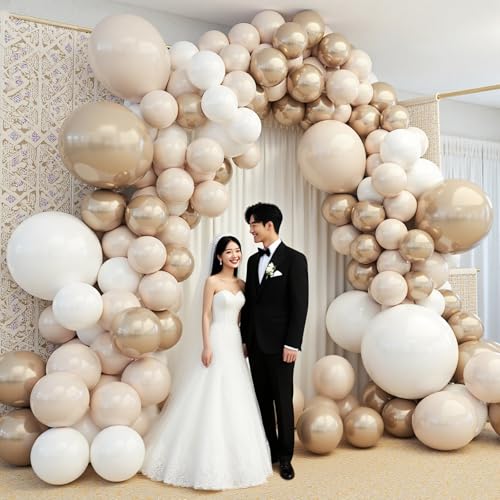 Image of 412Pcs White Sand Champagne Gold Balloon Arch Kit, Metallic Champagne Gold Neutral Balloons Garland for Boho Wedding Baby Shower Bridal Shower Engagement Anniversary Decorations