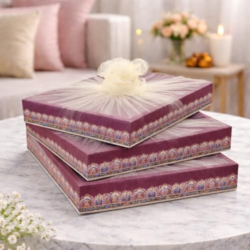 Image of SATYAM KRAFT 3 Pcs Multipurpose Decorative Folding Gift Box, Gift hampers | Paper Gift Hamper Boxes for wedding Return Gifts, Sweets, DIY Craft | Rectangular Cardboard Tray with Net (Maroon)