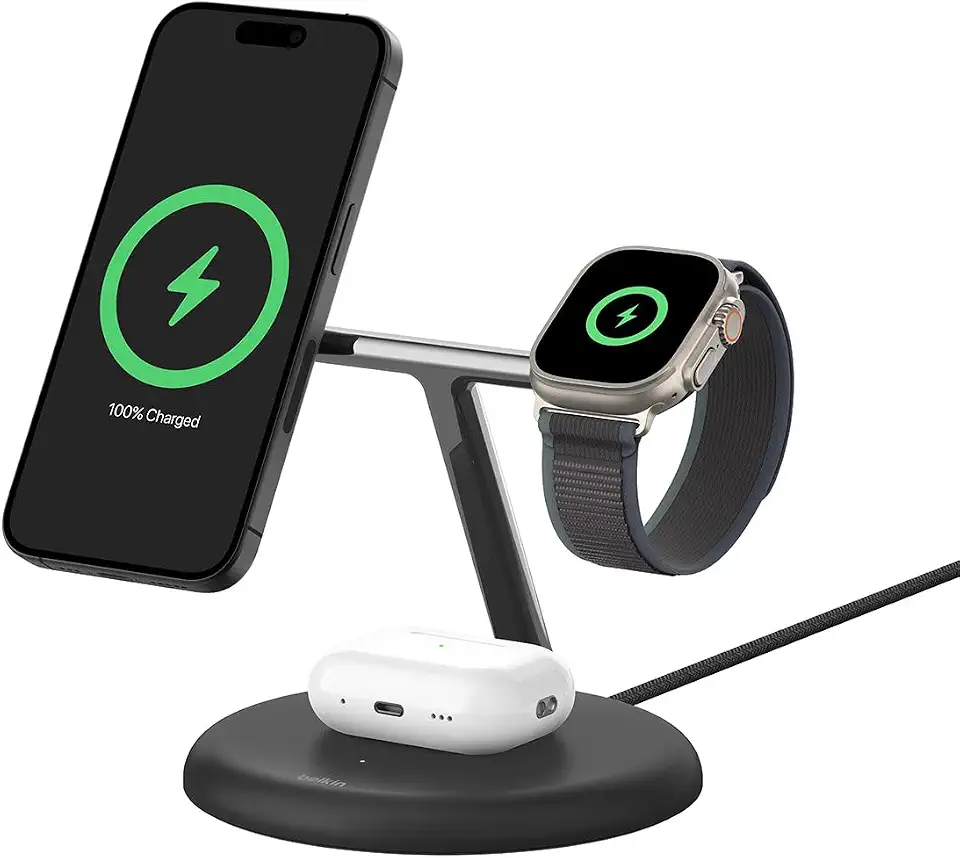 Belkin BoostCharge Pro 3-in-1 Wireless Charging Stand with Magnetic Qi2 15W, Fast Charging iPhone Charger Compatible with iPhone 15, 14, and 13 Series, AirPods, Apple Watch, & More - Black