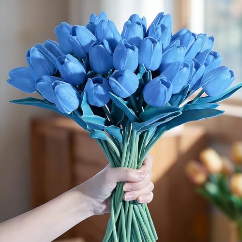 Image of 20Pcs Stems 13.5 Inch Light Blue PU Artificial Moisturizing Tulips, Faux Tulips Flowers for Thanksgiving Christmas Decorations Wedding Home Table Vase Floral Arrangements