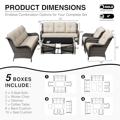 Image of Joyside 7 Piece Wicker Patio Furniture Set, Rattan Patio Chairs with High Back, Deep Seating, Wide Armrest, Thickened Cushions, Outdoor Furniture for Deck, Porch Use