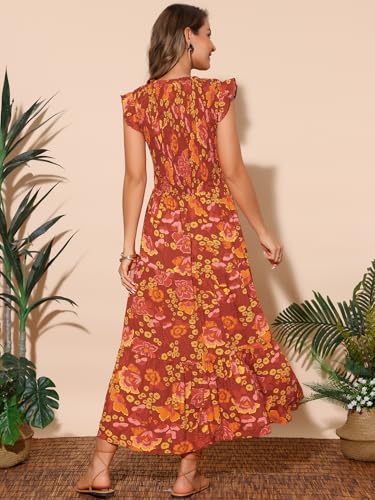 Image of Seta T Women's Summer Dresses Casual Ruffle Sleeveless V Neck Floral Sundress Flowy Smocked Beach Maxi Dress