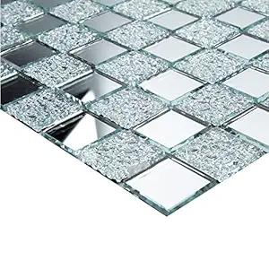 Adedeo Crystal Diamond Mosaic Tile Square Mirror Glass Mosaic Tile for Kitchen Backsplash Bathroom Wall (6 Sheets, Silver Square Flat Mirror )