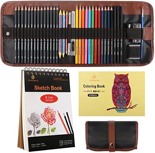 Heshengping, 41pcs Sketching Pencil Set Drawing Sketch Kit Graphite Pencils Charcoal Pencils Watercolor Pencils Blending Stumps 50page sketchbook, coloring book, Beginners Artist Teens and Adults