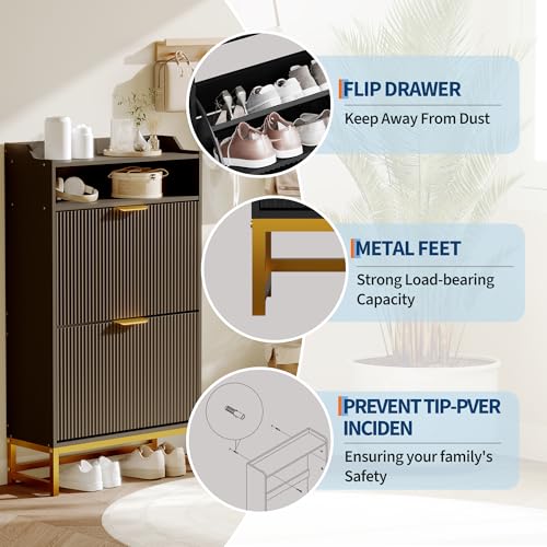 GarveeHome Fluted Shoe Cabinet Storage for Entryway, Wood Shoe Rack with 2 Flip Drawers and Open Shelf, Modern Entryway Organizer for Foyer, Hallway, Entrance, Black