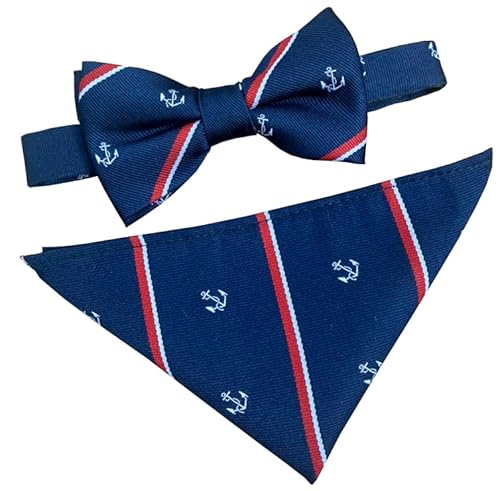 Great British Tie Club Men's Navy Blue, Red, White Royal Navy Anchor Motif Regital Bow Tie & Hanky Set