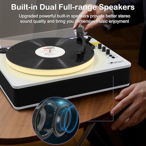 Image of LP&No.1 Record Player with Built-in Stereo Speakers, LED Control, 3-Speed Belt-Drive Vinyl Turntable with USB Playback & Recording, Wireless BT Input & Output, Auto Stop, Pitch Control | White Pearl
