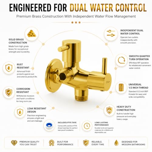 Image of ZAP Turbo Series 2-in-1 Brass Angle Valve with Wall Flange and Teflon Tape | Gold Finish Quarter Turn Dual Control Tap for Jet Spray, Geyser and Basin Tap Connection