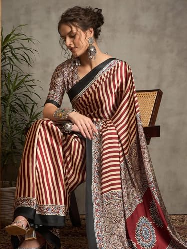Image of AKHILAM Women's Pure Crepe Striped Printed Saree With Unstitched Blouse Piece