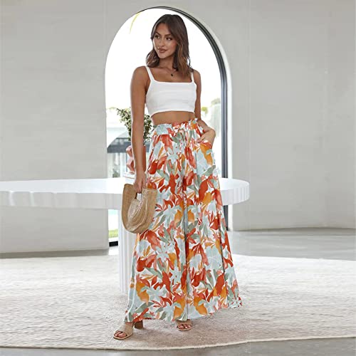 ODIZLI Women Palazzo Wide Leg Pant with Pockets Casual Loose Flowy Pants Solid Color/Floral Print2