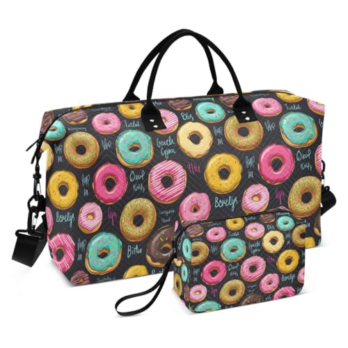 Funny Donuts Black Travel Duffle Bag Gym Bag Weekender Bags with Toiletry Bag Travel Trip Tote Bag