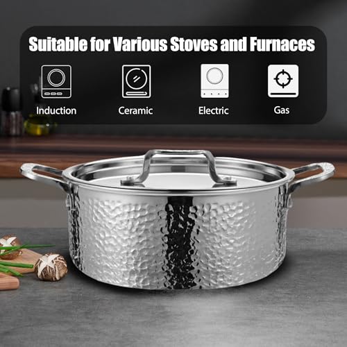 Image of Vivicreate 20 Piece Tri-Ply Stainless Steel Cookware Set, Hammered Pots and Pans Set with 2 Nonstick Frying Pans and Pots with Lids, 304 Interior, Induction Compatible