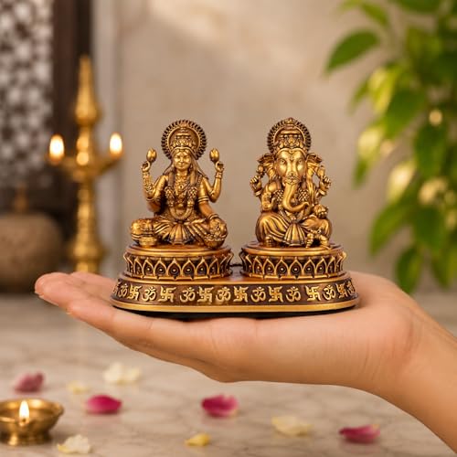 Image of Laxmi Ganesh Idol for Car Daseboard Home Temple and Office Spiritual Polyresin Dhan Sidhi Lakshmi Ganesh Murti for Pooja Diwali Gift Symbol of Wealth Wisdom Golden Finish Statue