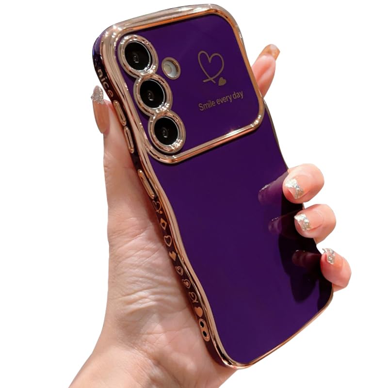 IDweel for Galaxy S25 Case for Women Girls, Luxury Cute Wave Frame Curly Shape with Love Heart Raised Camera Protection Slim Fit Cover Plating