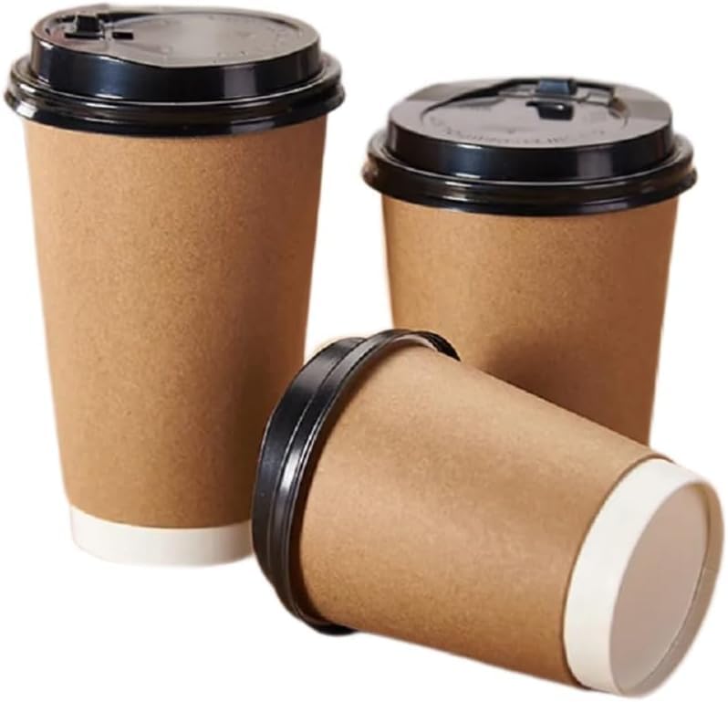 M7 Packaging Lot de 50 gobelets en papier kraft jetables avec couvercles noirs pour boissons chaudes et froides, cappuccino, expresso, 230 ml, marron avec...