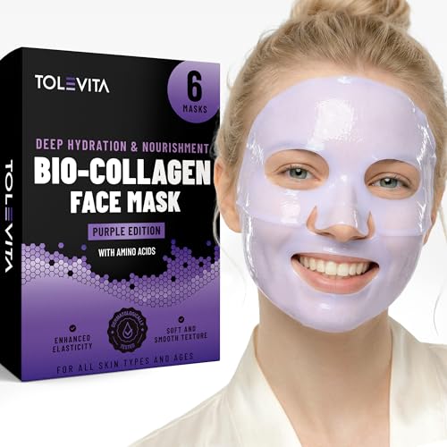 Image of TOLEVITA Bio-Collagen Hydrogel Face Mask - Hydrating & Nourishing Mask with Niacinamide, Galactomyces & Hyaluronic Acid - 6 Pack, Improves Elasticity & Softens Skin, For All Skin Types (Purple)