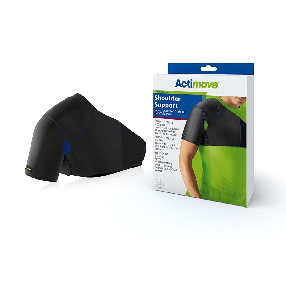 Actimove Sports Edition Shoulder Support, Extra Pocket for Optional Hot/Cold Pack | Adjustable Brace for Torn Rotator Cuff, Joint Pain Relief, Dislocation, Arm Stability, Injuries, & Tears, Black, Medium