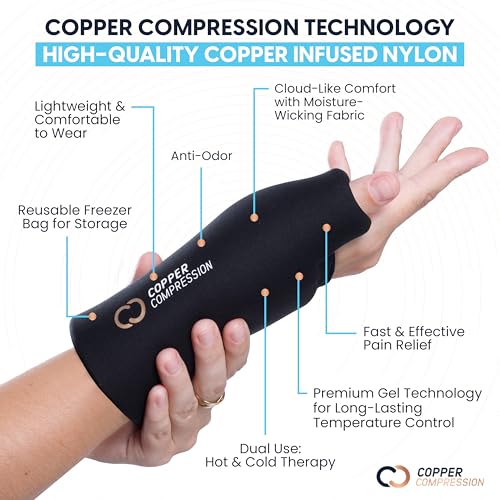 Image of CopperFreeze Wrist Sleeve by Copper Compression. Hot & Cold Therapy Support for Pain, Swelling, and Injury Recovery. 360 Copper Infused Relief for Hands, Wrists, and Forearms