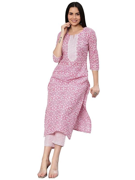 Heerali Fashion Women’s Cotton Blend Printed Straight Kurta & Pant Set with Side Pockets Heerali Fashion Women’s Cotton Blend Printed Straight Kurta & Pant Set with Side Pockets