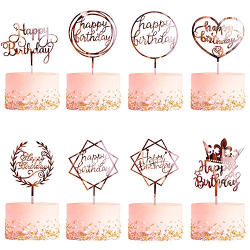 8 Piezas Decoración de Tartas, CBGGQ Happy Birthday Cake Topper, Decoración para Cupcakes para diferentes fiestas de cumpleaños, para niñas, bebés, bodas, madres, familiares de Cumpleaños (Oro rosa)