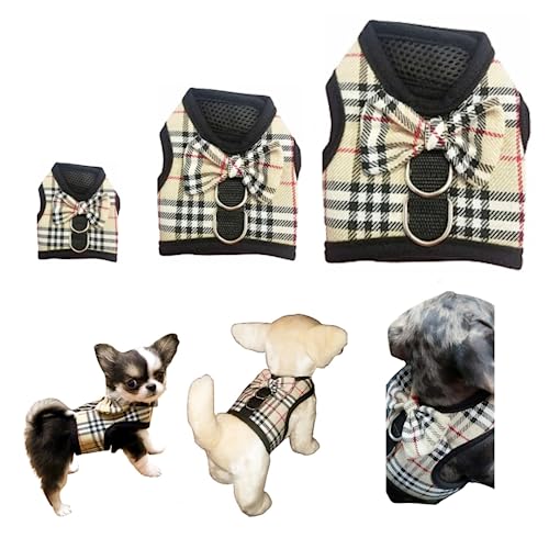 XXXS XXS XS Tiny Teacup Chihuahua Puppy Dog Harness for TINY Teacup Miniature Breeds Kitten Yorkie Maltese Terrior Puppy Dogs (Beige Tartan - Image 3