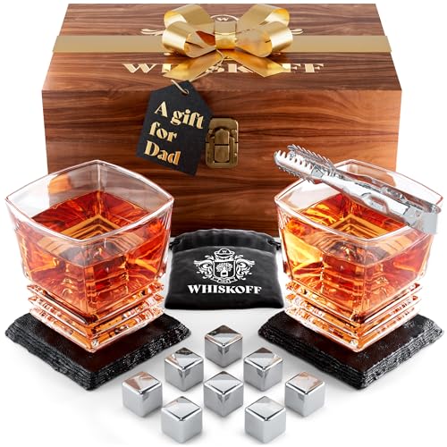 Whiskey Glass Gift Set for Men Dad - Whiskey Glasses Set of 2 - Crystal Rocks Glass with 6 Stainless Steel Chilling Stones - Bourbon Glasses Gift Set - Old Fashioned Lowball Heavy Scotch Glasses