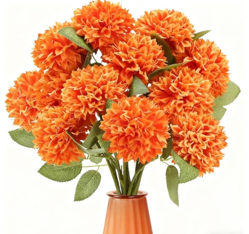 JoyHaus 12Pcs Realistic Silk Chrysanthemums Flowers Ball - Multi-Use Indoor/Outdoor Fake Mums for Wedding Bouquets, Home Decor & Thanksgiving Gifts (Orange), Easy Care & Bendable Stems