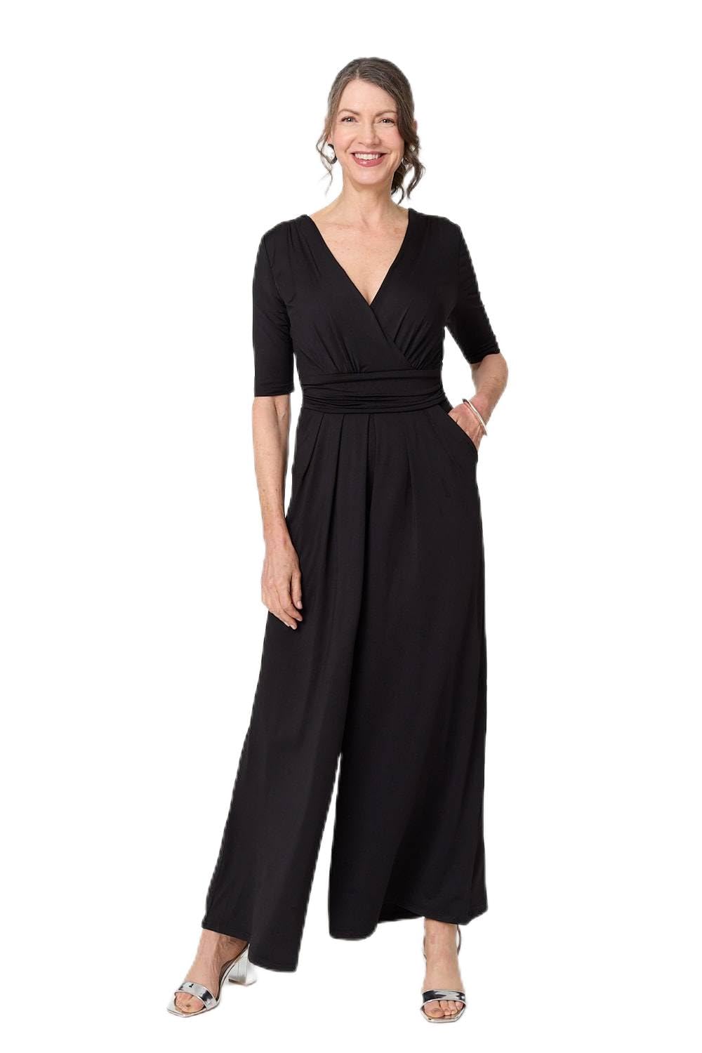 Izabel London Women's Black 1/2 Sleeve Wrap Waist Wide Leg Jumpsuit In | Size: 10