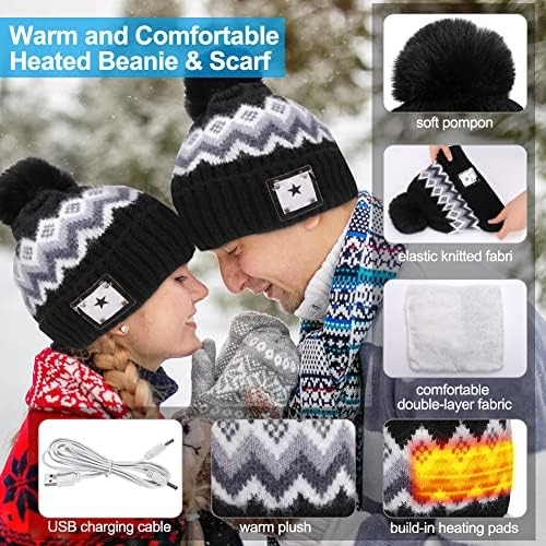 Achort Heated Beanie Hat and Neck Warmer Set 2-in-1 Warm Scarf Pom Knit Hat Womens & Mens Winter Hat USB Heated Hat Scarf Set Lined Knit Beanie Cap Thick Ski Beanie for Running Skiing Cycling