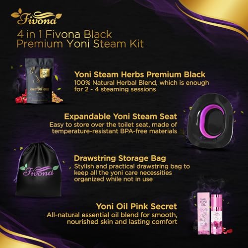Image of Fivona Black 4-in-1 Yoni Care Steam Kit Includes Feminine V Oil, Sitz Bath Seat, Yoni Steaming Herbs and Storage Bag - Effective Detox pH Balance Cleansing and Moisturizing