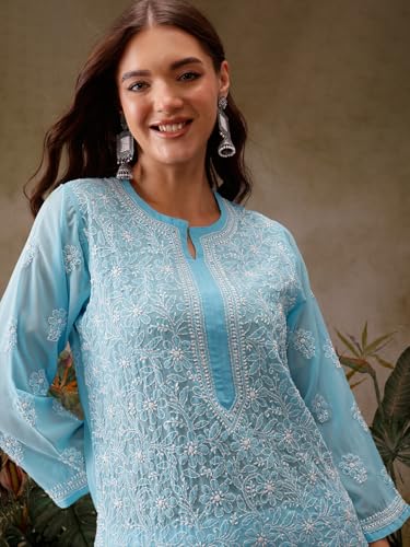 Image of Ada Lucknow Chikankari Hand Embroidered Faux Georgette Kurta Kurti Tunic Dress for Women A95504